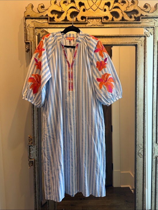 THML Dresses & Skirts - THML Blue & White Stripe Dress with Orange Floral Embroidery
